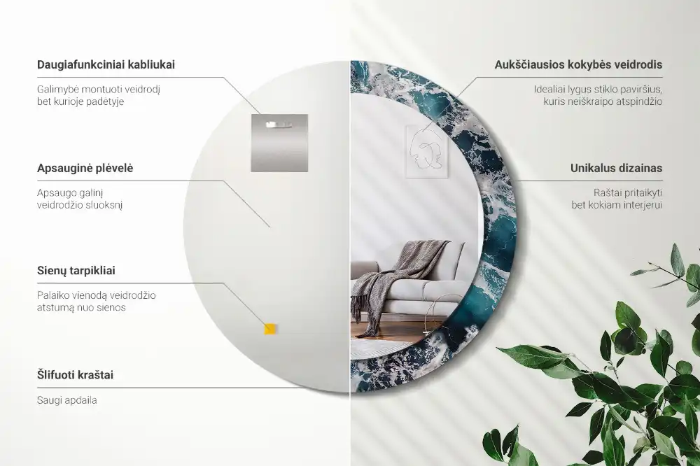 Miroir rond avec décoration mer déchaînée