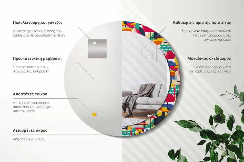 Miroir rond cadre imprimé oiseaux tropicaux géométriques