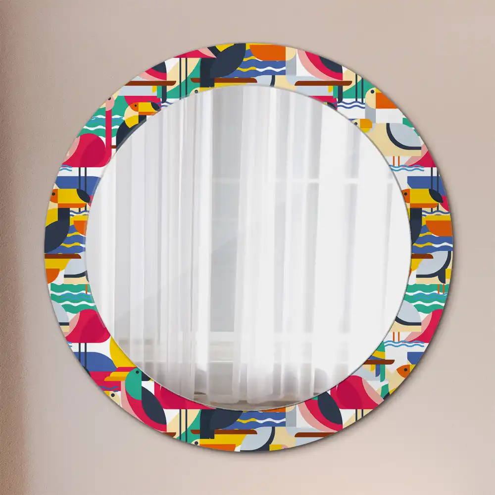 Miroir rond cadre imprimé oiseaux tropicaux géométriques