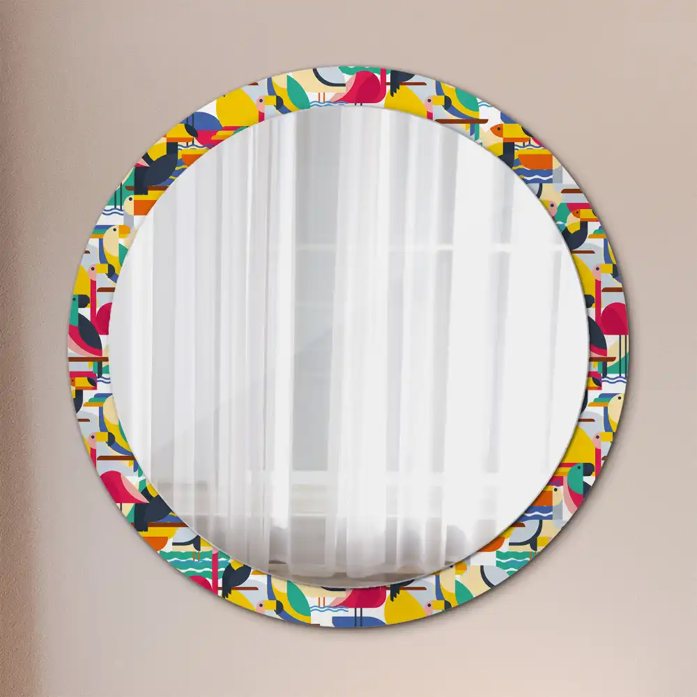 Miroir rond cadre imprimé oiseaux tropicaux géométriques