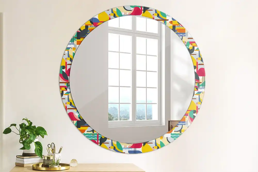 Miroir rond cadre imprimé oiseaux tropicaux géométriques