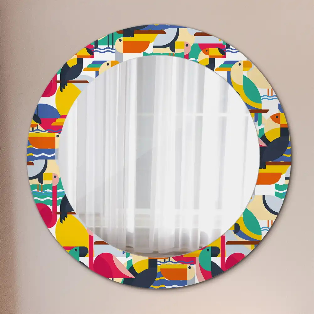 Miroir rond cadre imprimé oiseaux tropicaux géométriques