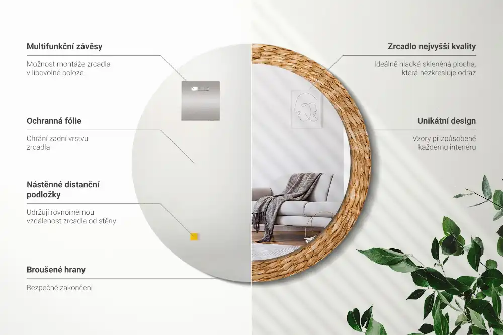 Miroir rond cadre avec impression motif en osier