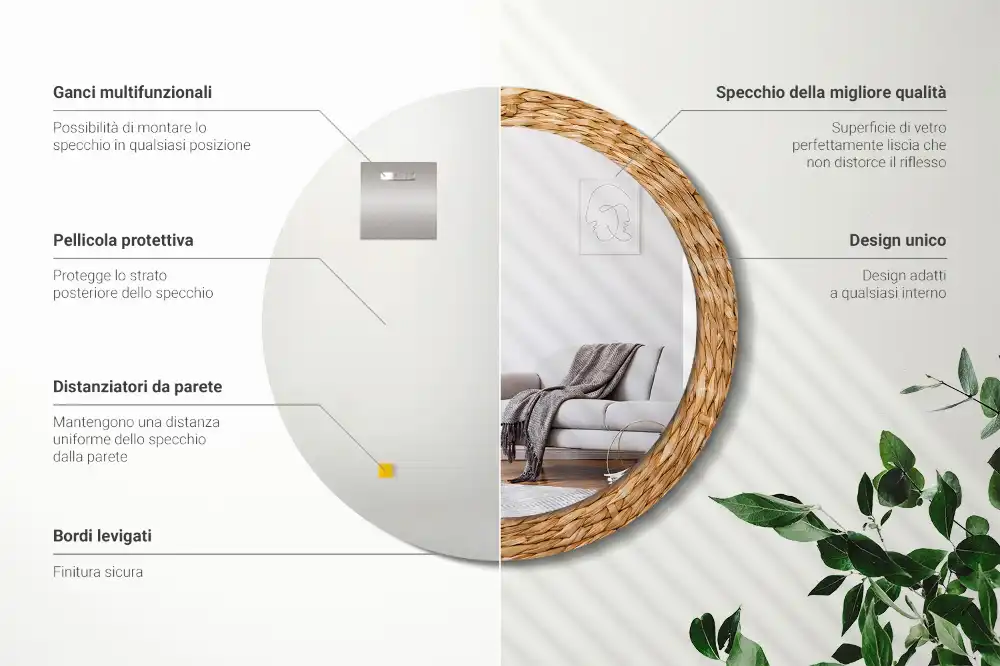 Miroir rond cadre avec impression motif en osier
