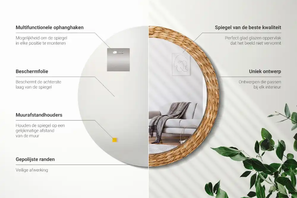 Miroir rond cadre avec impression motif en osier