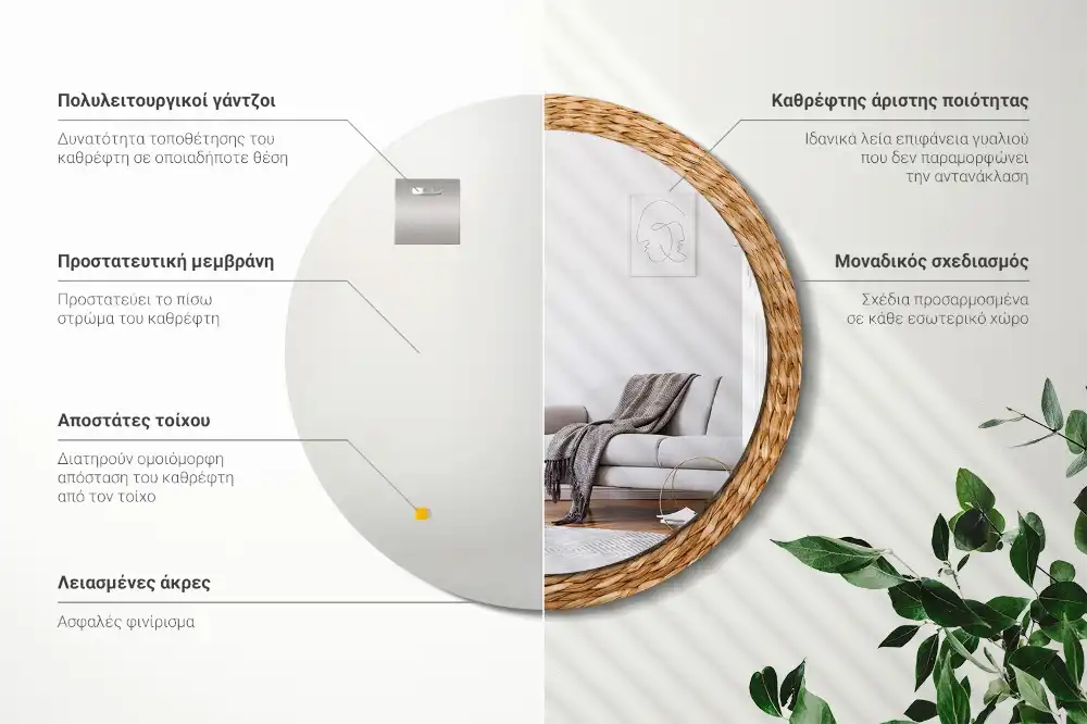 Miroir rond cadre avec impression motif en osier
