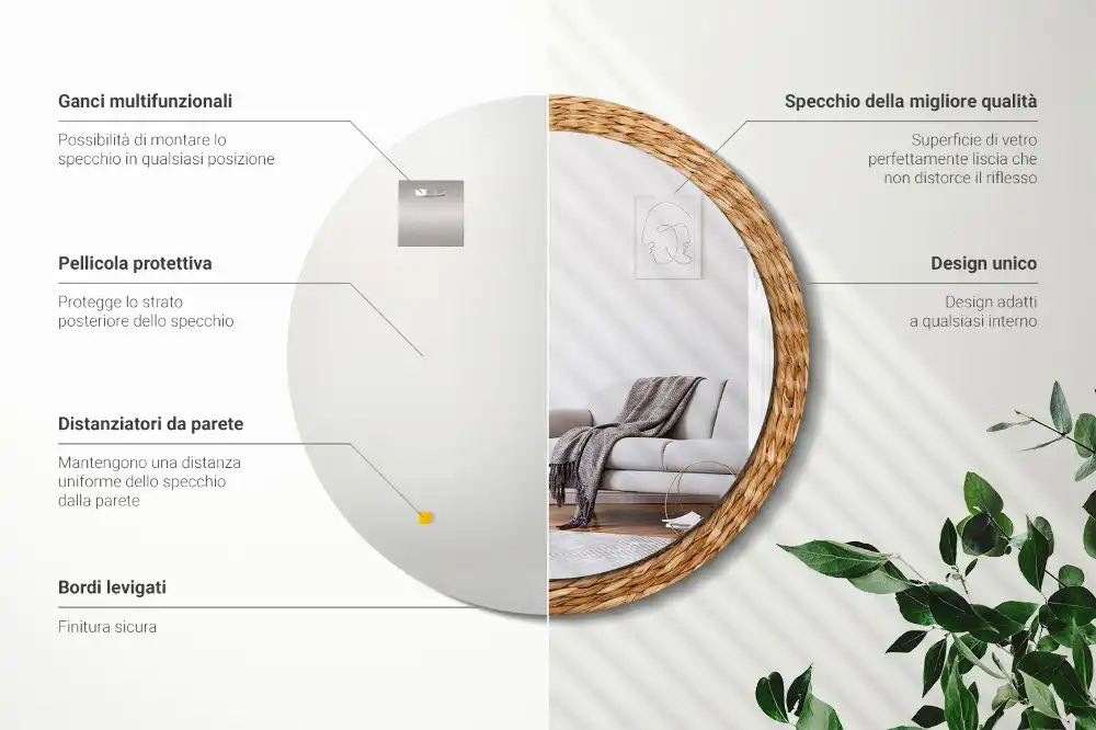 Miroir rond cadre avec impression motif en osier