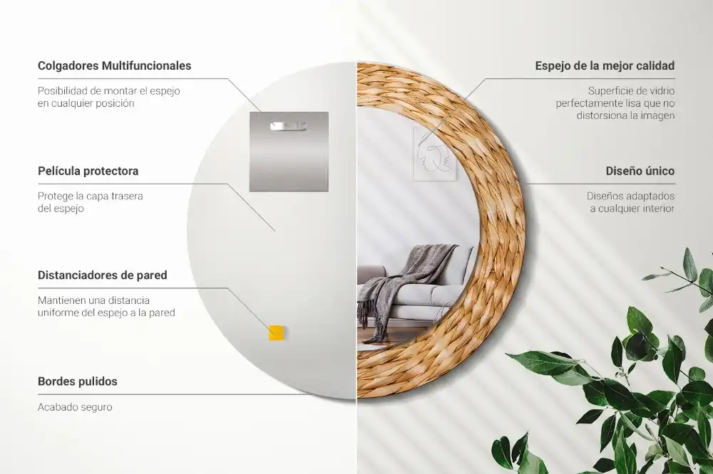 Miroir rond cadre avec impression motif en osier
