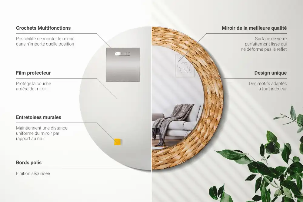 Miroir rond cadre avec impression motif en osier
