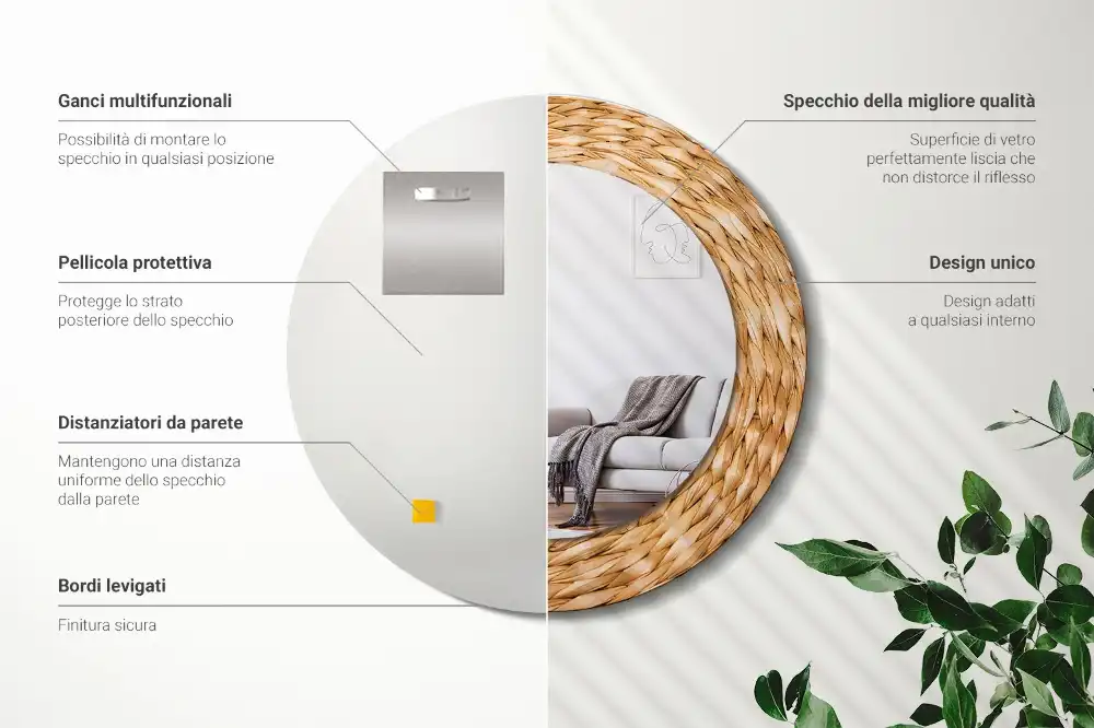 Miroir rond cadre avec impression motif en osier