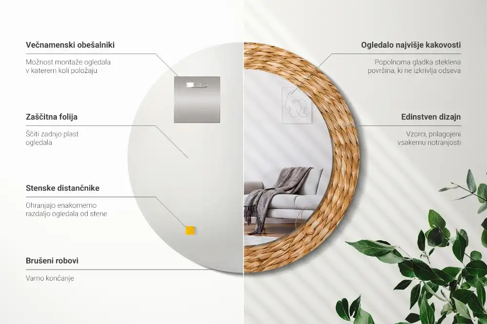 Miroir rond cadre avec impression motif en osier