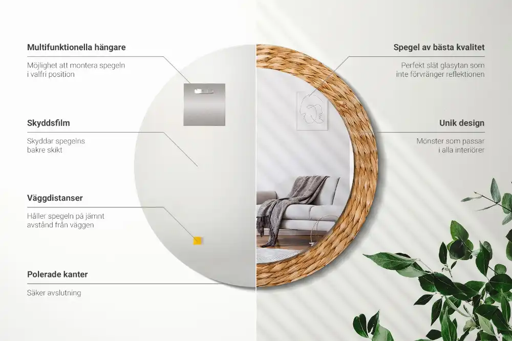 Miroir rond cadre avec impression motif en osier