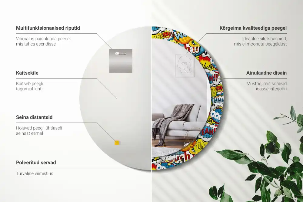 Miroir rond avec décoration motif style bande dessinée