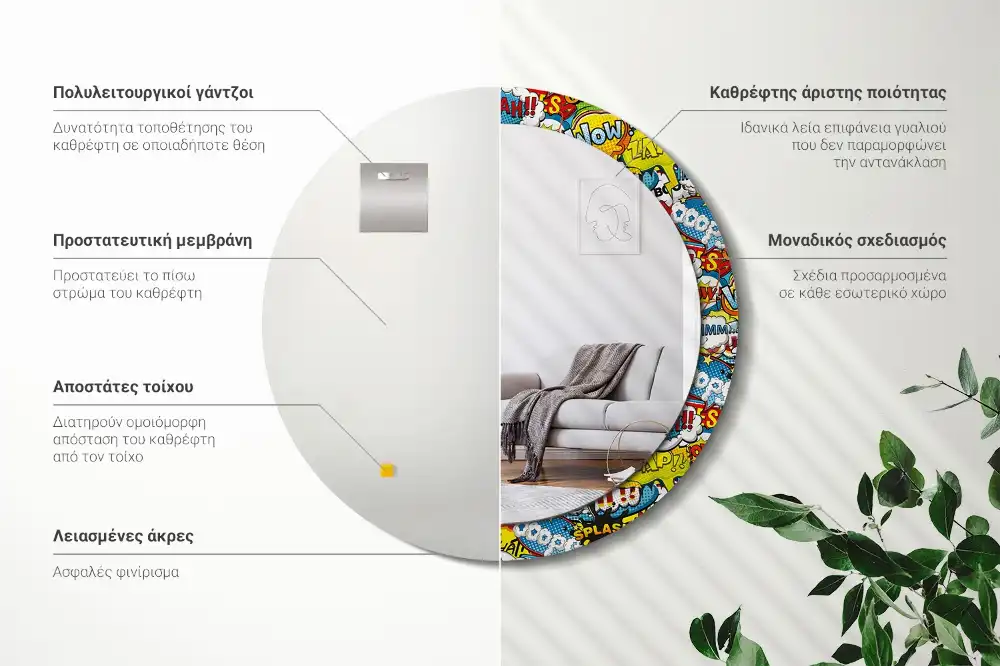 Miroir rond avec décoration motif style bande dessinée