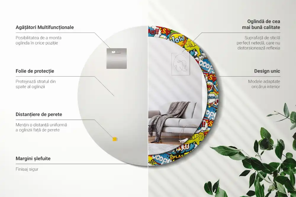 Miroir rond avec décoration motif style bande dessinée