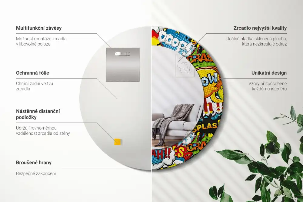 Miroir rond avec décoration motif style bande dessinée