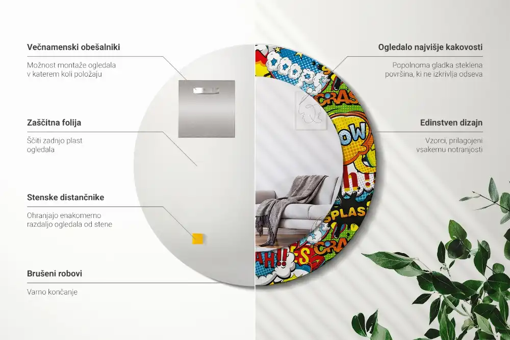 Miroir rond avec décoration motif style bande dessinée
