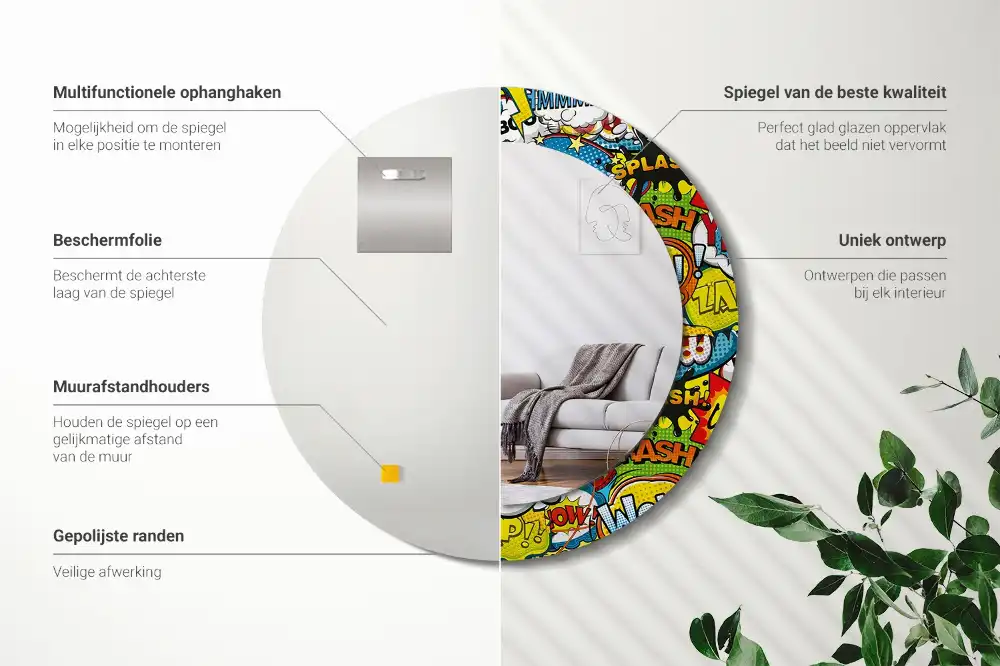 Miroir rond avec décoration motif style bande dessinée