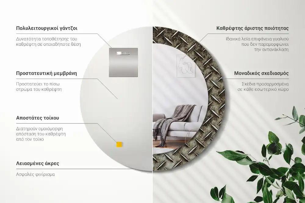 Miroir rond imprimé texture d'acier
