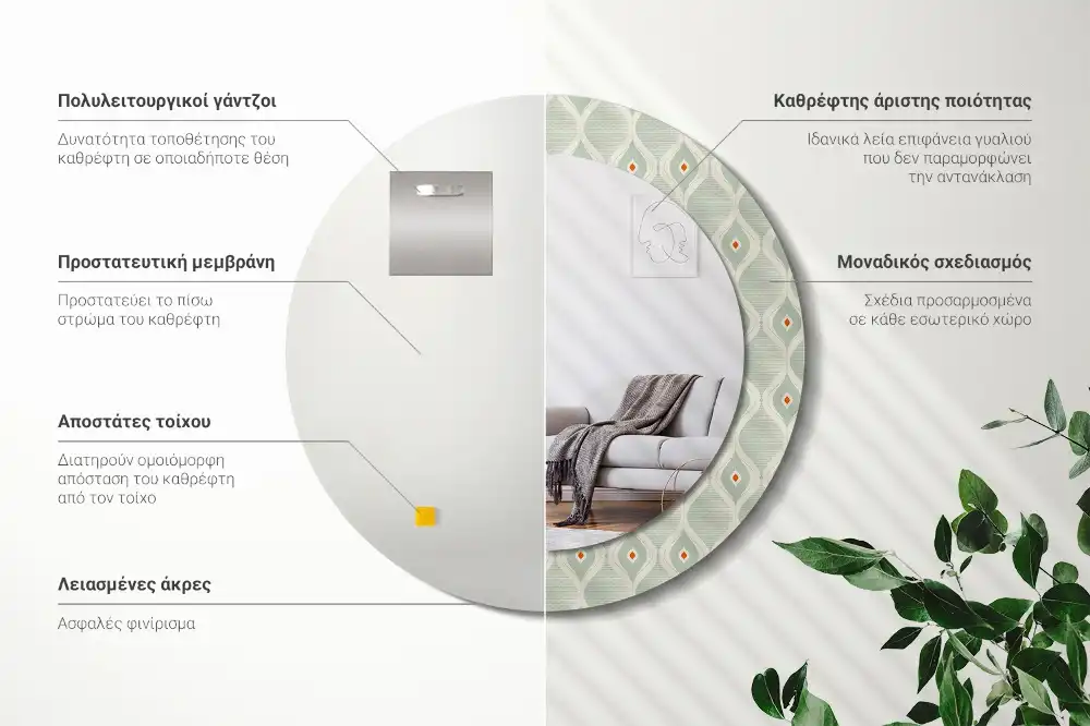 Miroir rond cadre avec impression motif vintage traditionnel