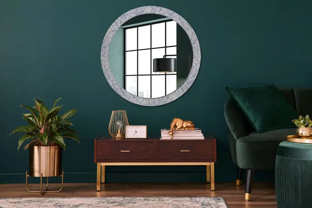 Miroir rond avec décoration contour de palmier tropical