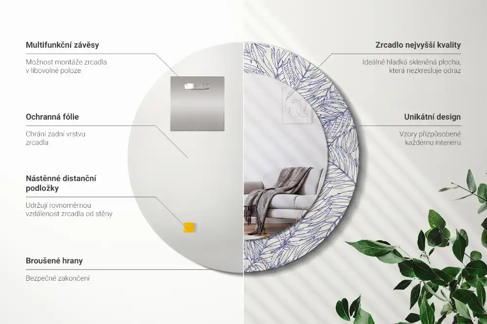Miroir rond avec décoration contour de palmier tropical