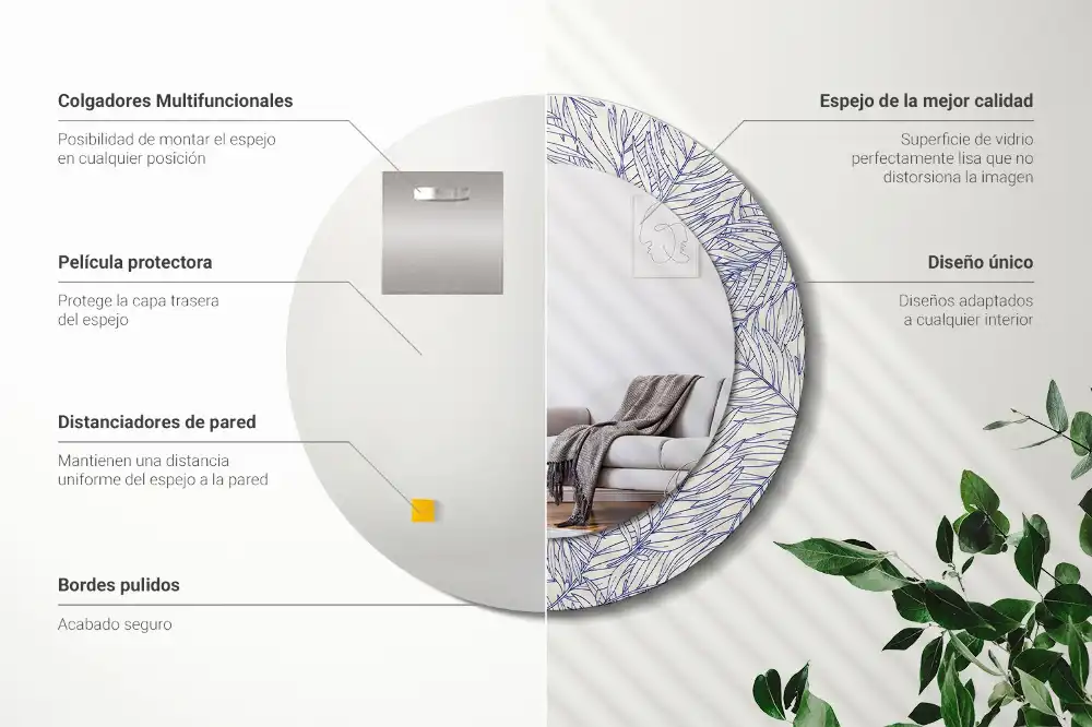 Miroir rond avec décoration contour de palmier tropical