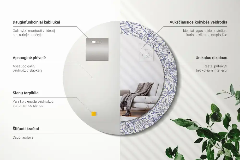 Miroir rond avec décoration contour de palmier tropical