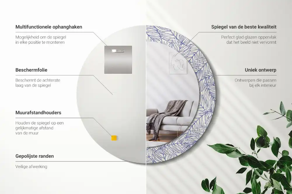 Miroir rond avec décoration contour de palmier tropical
