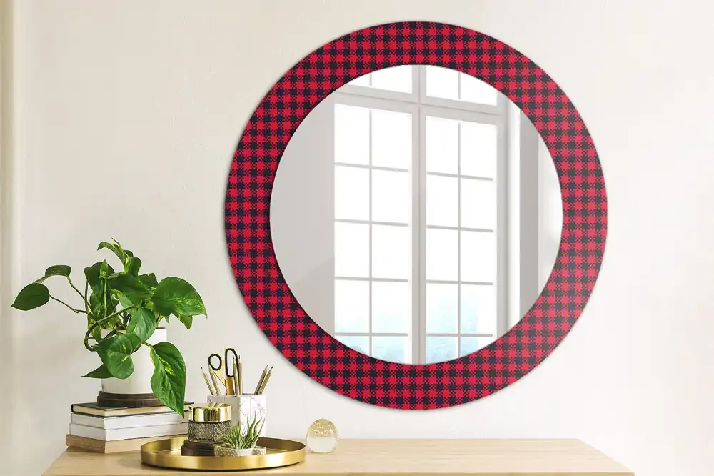 Miroir rond cadre imprimé carreaux rouges