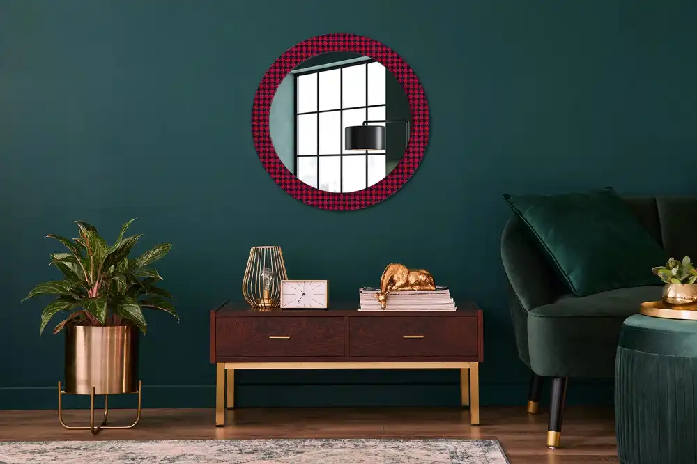 Miroir rond cadre imprimé carreaux rouges