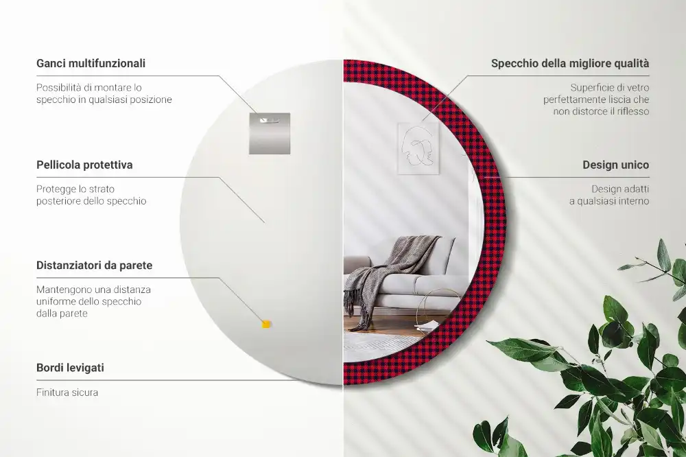 Miroir rond cadre imprimé carreaux rouges