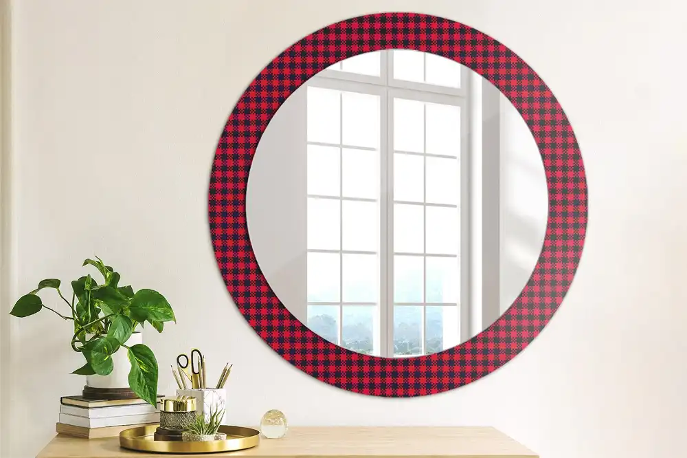 Miroir rond cadre imprimé carreaux rouges