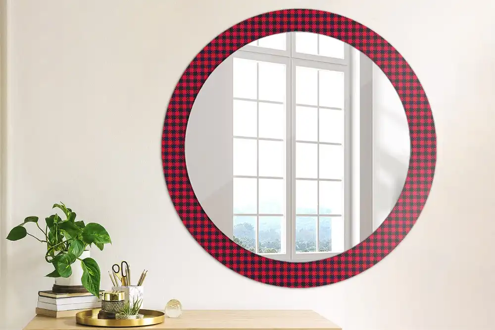 Miroir rond cadre imprimé carreaux rouges