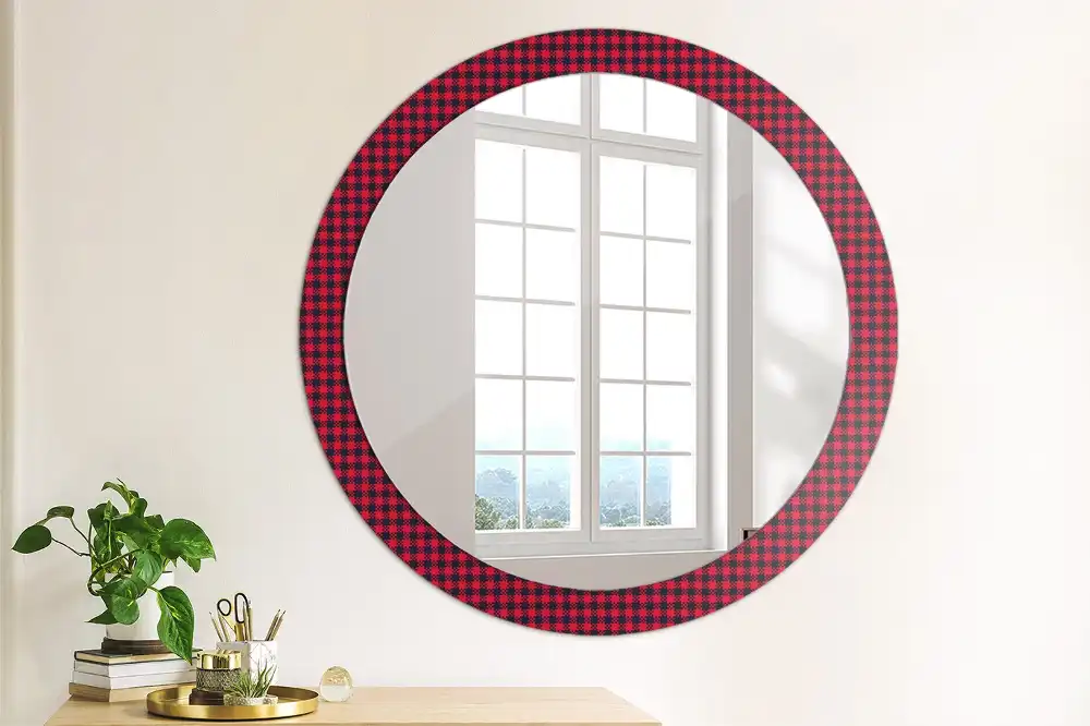 Miroir rond cadre imprimé carreaux rouges