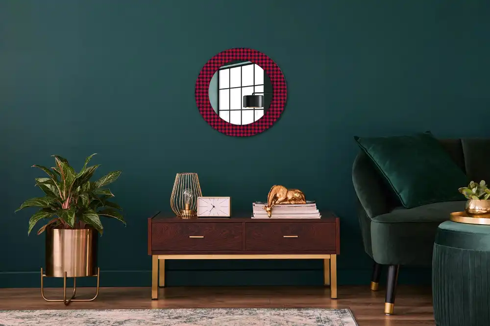 Miroir rond cadre imprimé carreaux rouges