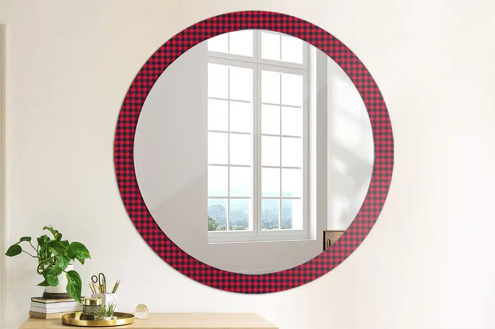 Miroir rond cadre imprimé carreaux rouges