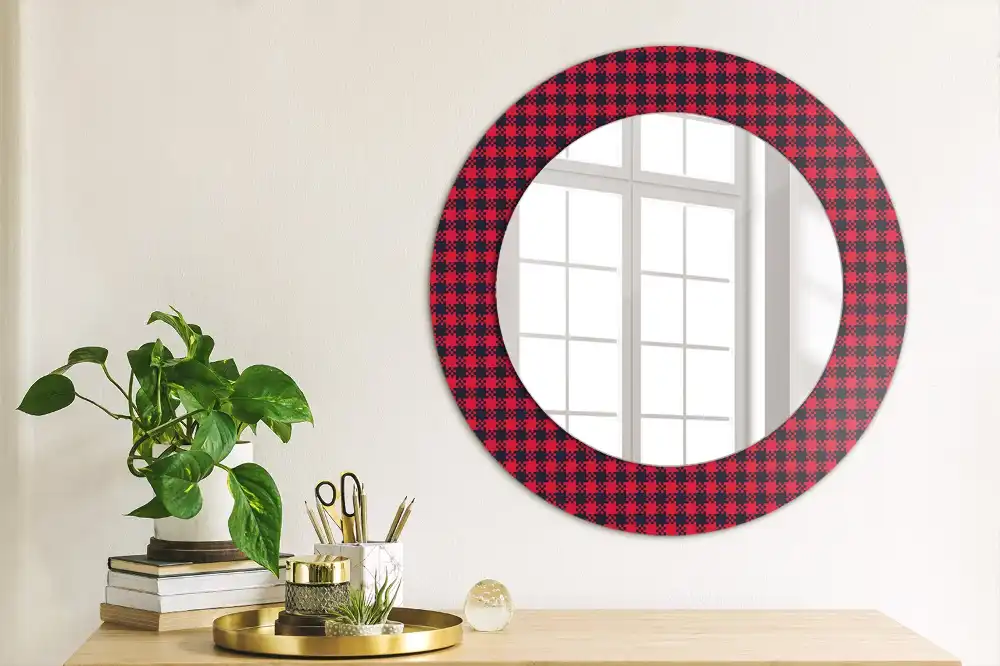 Miroir rond cadre imprimé carreaux rouges