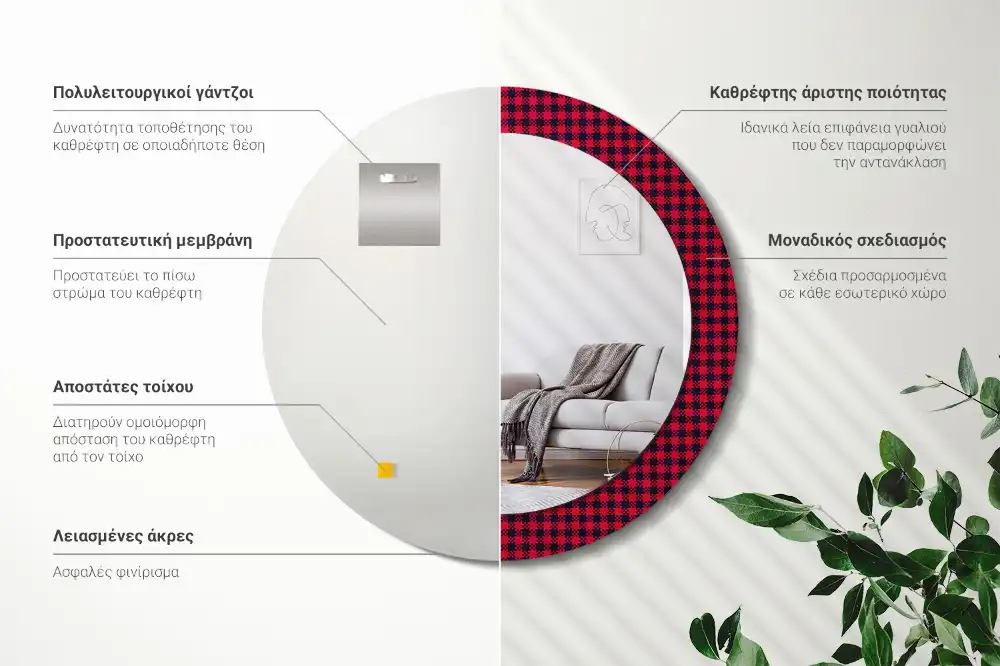 Miroir rond cadre imprimé carreaux rouges