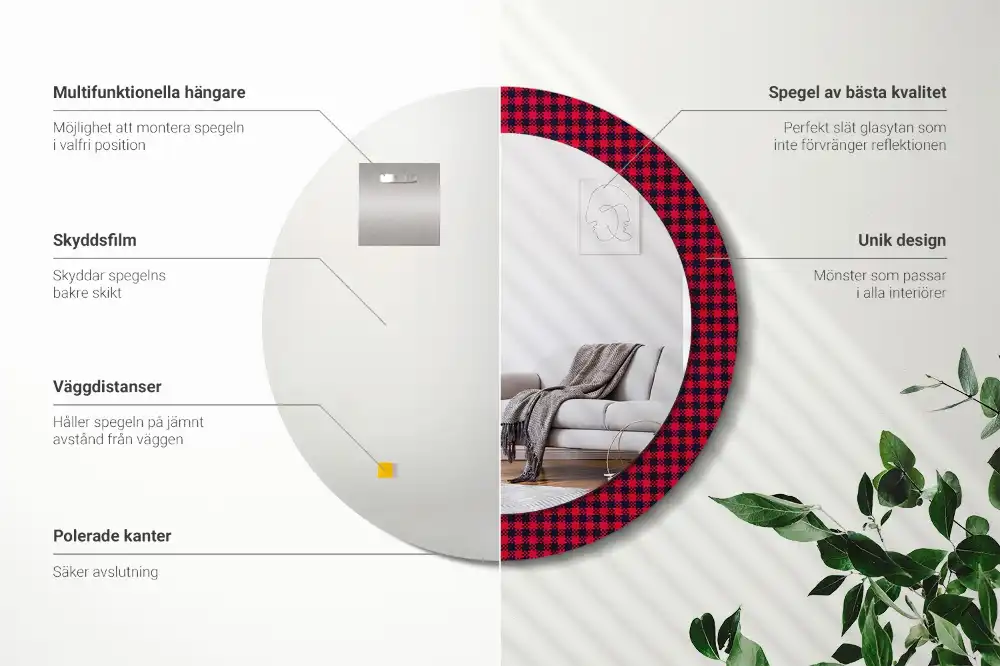 Miroir rond cadre imprimé carreaux rouges