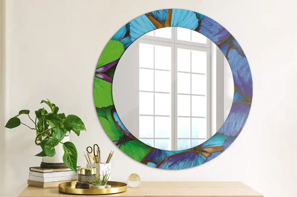 Miroir rond imprimé papillon bleu et vert