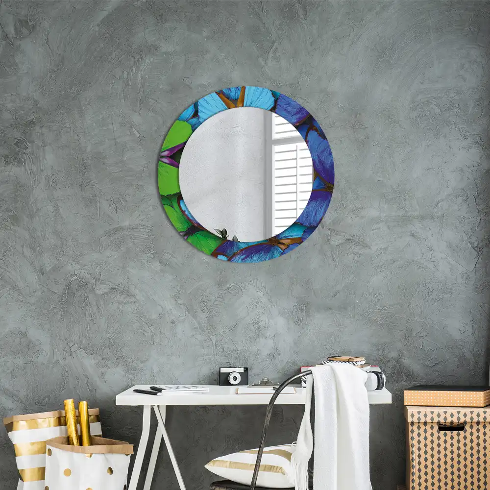 Miroir rond imprimé papillon bleu et vert