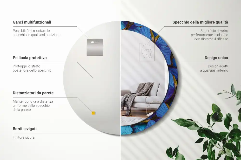 Miroir rond imprimé papillon bleu et vert