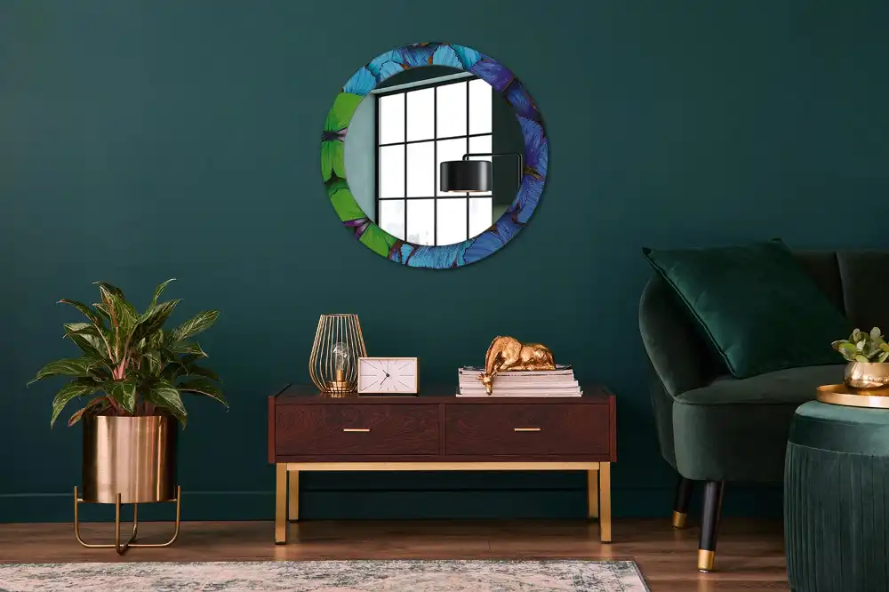 Miroir rond imprimé papillon bleu et vert