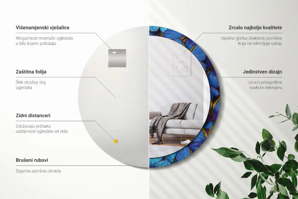 Miroir rond imprimé papillon bleu et vert