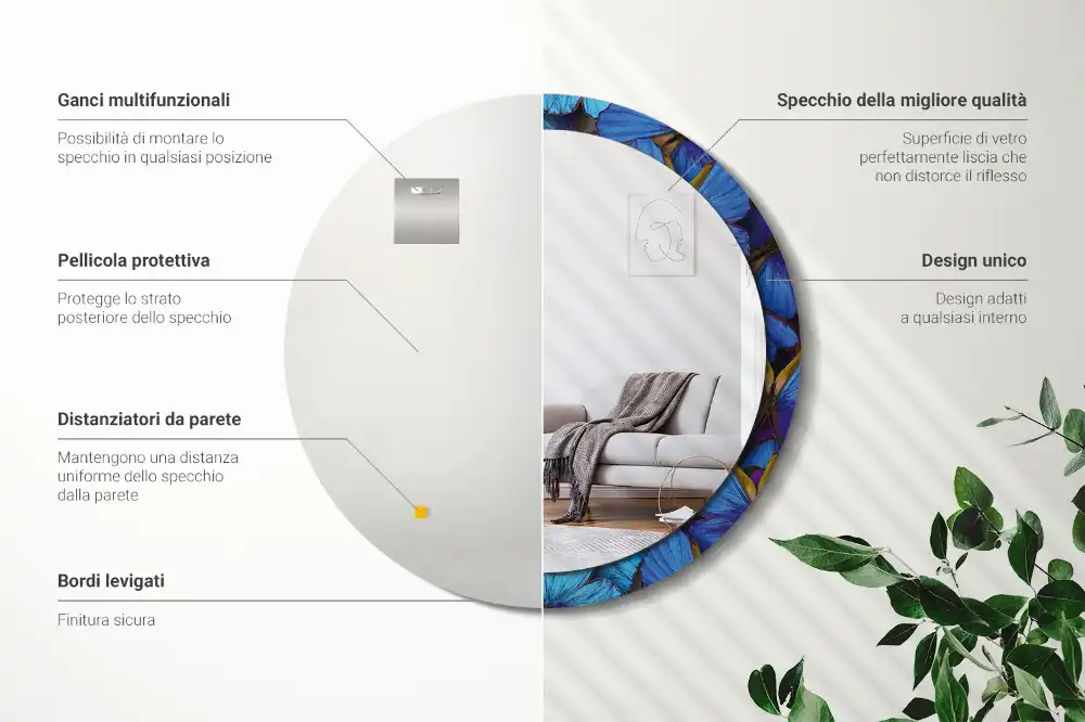 Miroir rond imprimé papillon bleu et vert