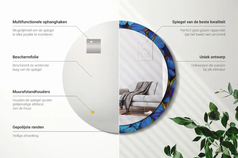 Miroir rond imprimé papillon bleu et vert