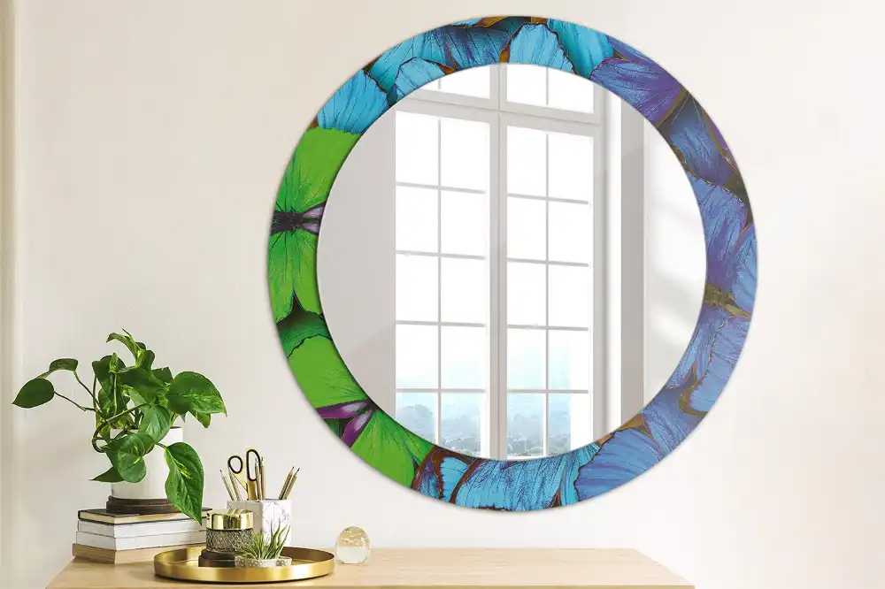 Miroir rond imprimé papillon bleu et vert
