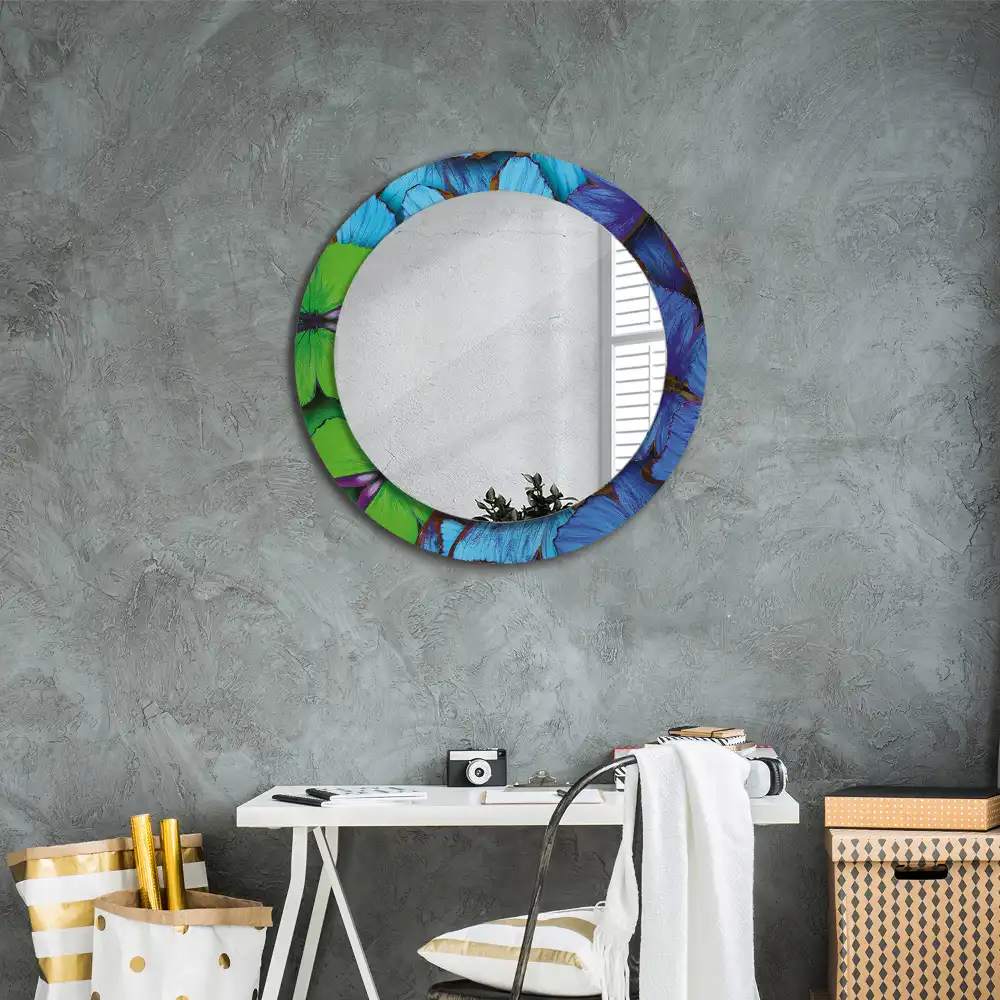 Miroir rond imprimé papillon bleu et vert