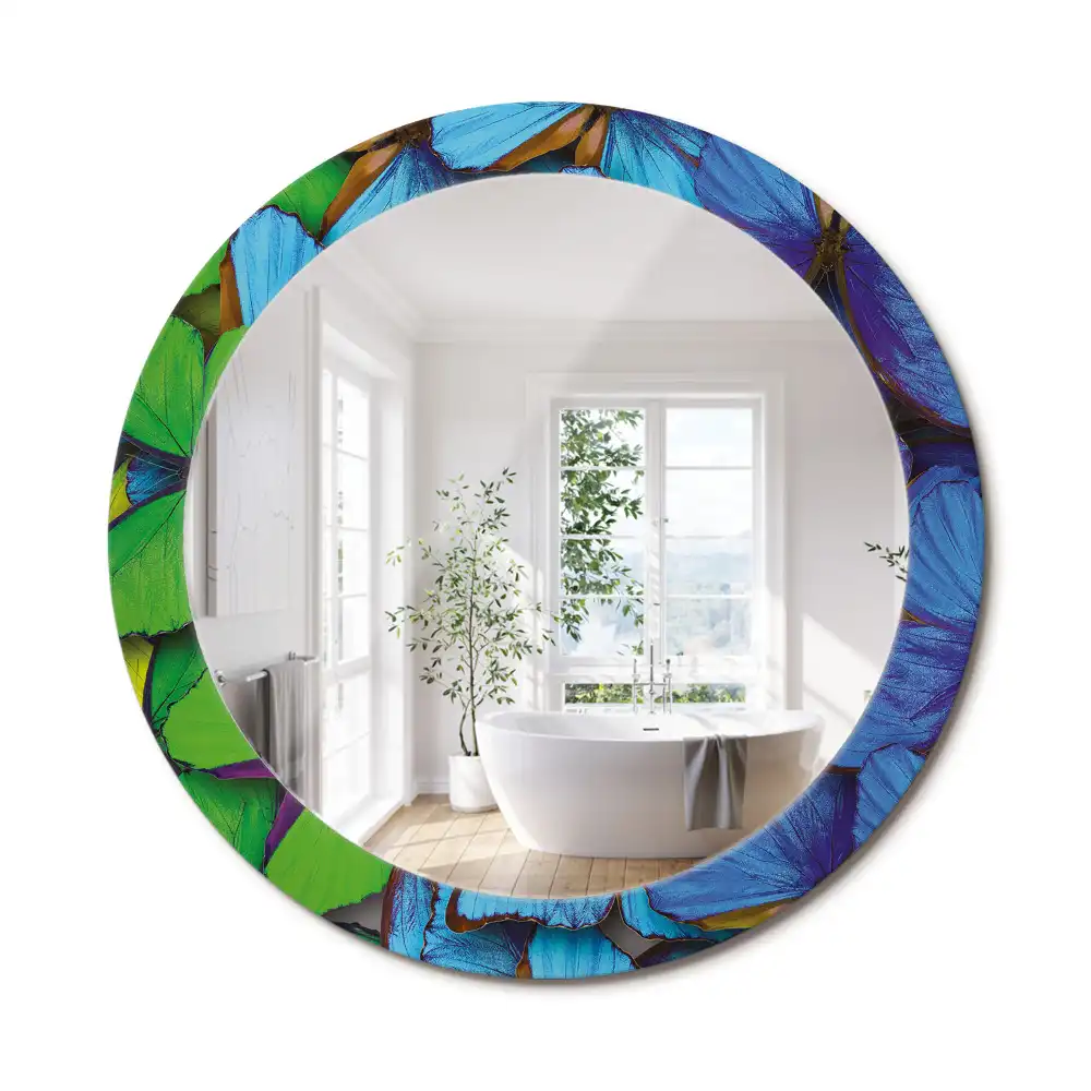 Miroir rond imprimé papillon bleu et vert